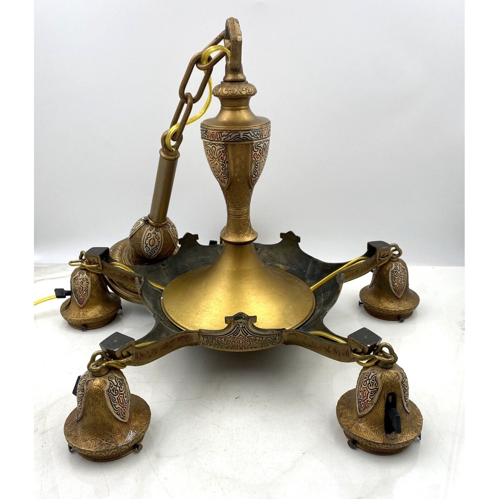 Antique 5 Light Chandelier Empire Art Deco Egyptian Revival Gold Cast Metal 1923